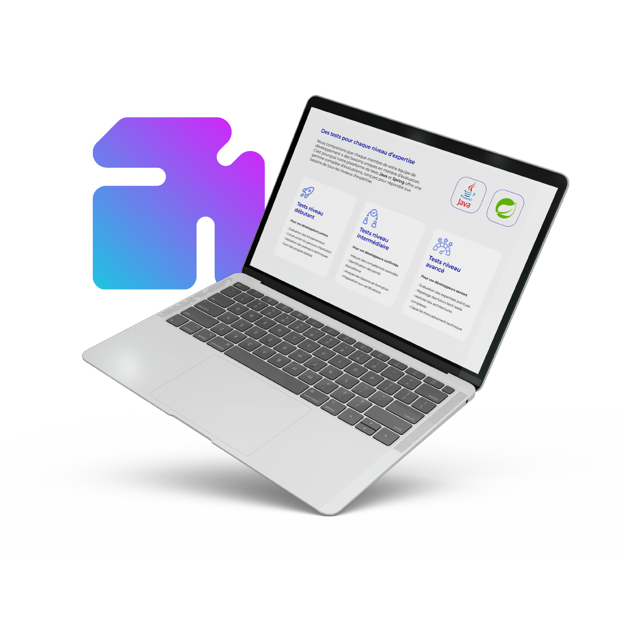 Mockup d’un ordinateur portable affichant la plateforme OxAcadémie, proposant des tests Java pour tous les niveaux d'expertise (débutant, intermédiaire, avancé). Chaque section détaille les compétences évaluées à chaque niveau pour offrir un parcours adapté à chaque utilisateur. Design épuré avec icônes et couleurs sobres, mettant en avant les technologies Java et Spring.
